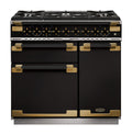 Rangemaster Elise Luxe 90cm Dual Fuel Black with Black / Antique Brass trim Range Cooker front view