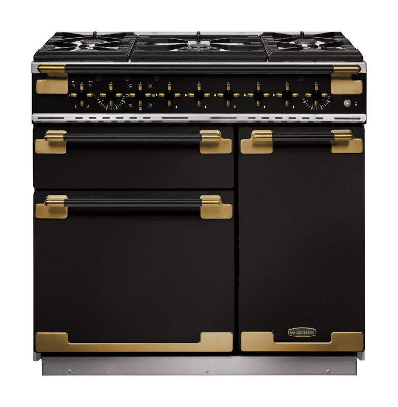 Rangemaster Elise Luxe 90cm Dual Fuel Black with Black / Antique Brass trim Range Cooker front view