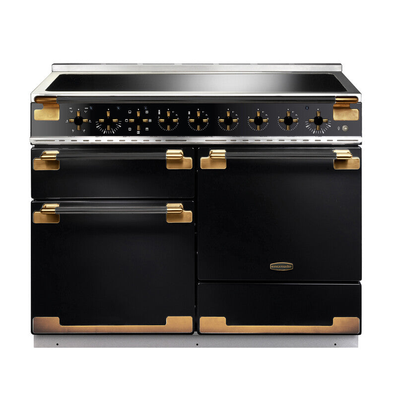 Rangemaster Elise Luxe 110cm Induction Black with Black / Antique Brass trim Range Cooker front view