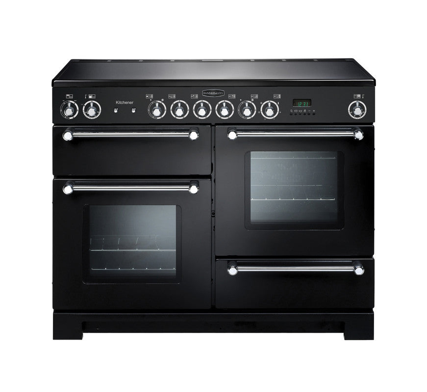 Rangemaster Kitchener 110cm Ceramic Black with Chrome trim Range Cooker front view