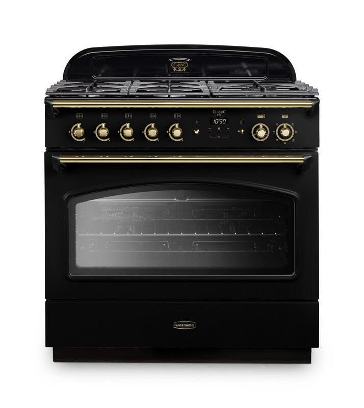 Rangemaster Classic FX 90cm Dual Fuel Black with Brass trim Range Cooker front view