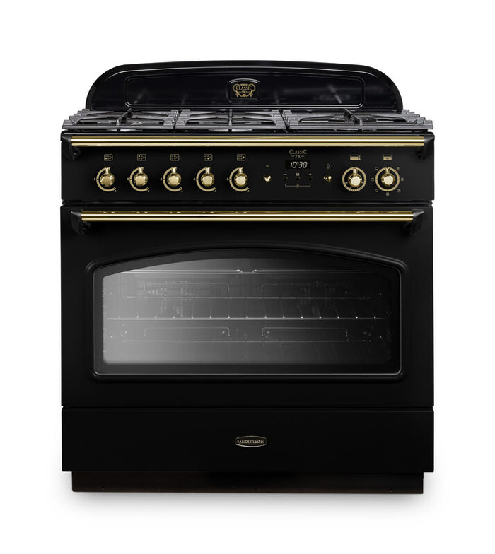 Rangemaster Classic FX 90cm Dual Fuel Black with Brass trim Range Cooker front view