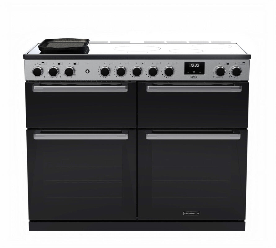 Rangemaster Edge Deluxe 110cm Induction Black Glass with Chrome trim Range Cooker front view