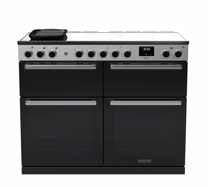 Rangemaster Edge Deluxe 110cm Induction Black Glass with Chrome trim Range Cooker front view