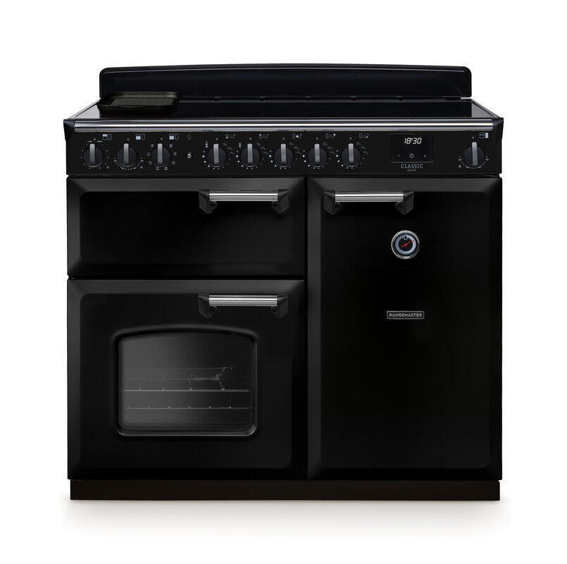 Rangemaster Classic Deluxe 100cm Induction Gloss Black with Chrome trim Range Cooker front view