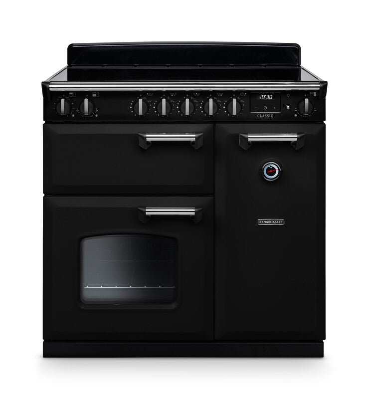 Rangemaster Classic 90cm Induction Gloss Black with Chrome trim Range Cooker front view