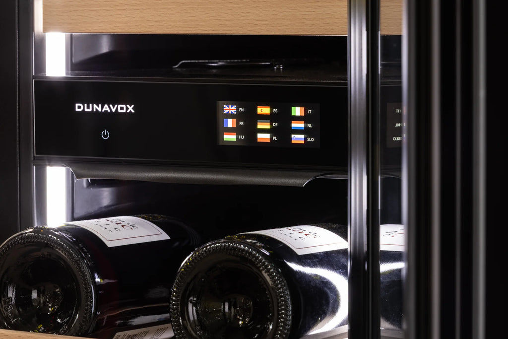 Dunavox Prime DVP-44.120DB 44 bottle integrated wine fridge – Black glass