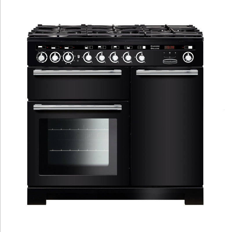 Rangemaster Encore Deluxe 100cm Dual Fuel Black with Chrome trim Range Cooker front view