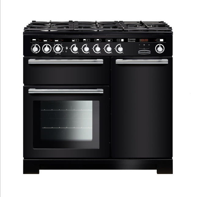 Rangemaster Encore Deluxe 100cm Dual Fuel Black with Chrome trim Range Cooker front view