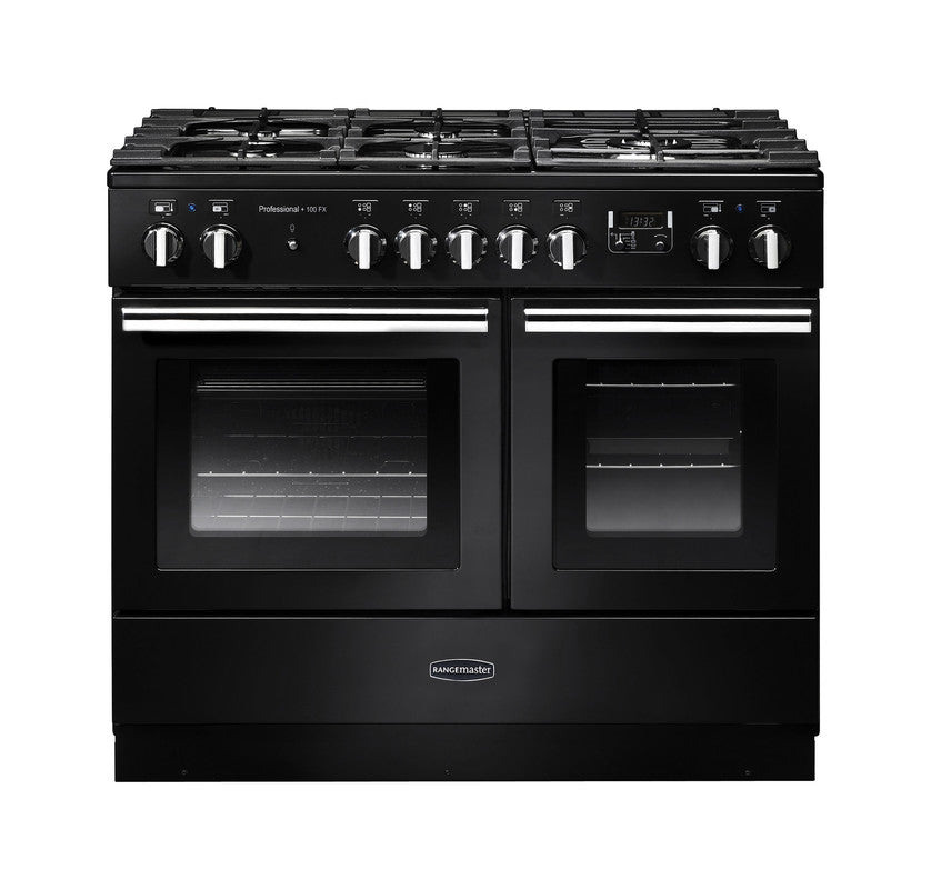 Rangemaster Professional+ FX 100cm Dual Fuel Black with Chrome trim Range Cooker front view