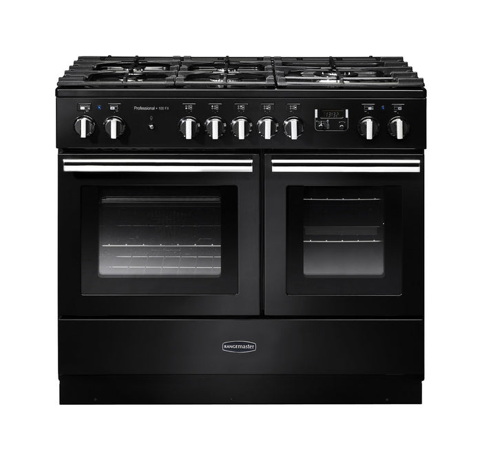 Rangemaster Professional+ FX 100cm Dual Fuel Black with Chrome trim Range Cooker front view