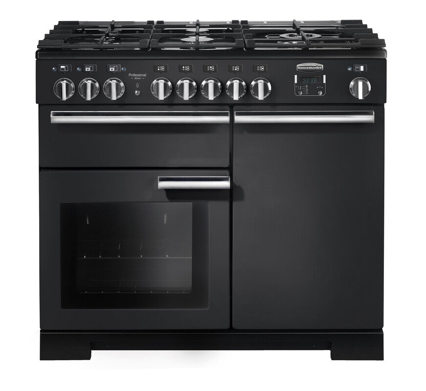 Rangemaster Professional Deluxe 100cm Dual Fuel Charcoal Black with Chrome trim Range Cooker front view