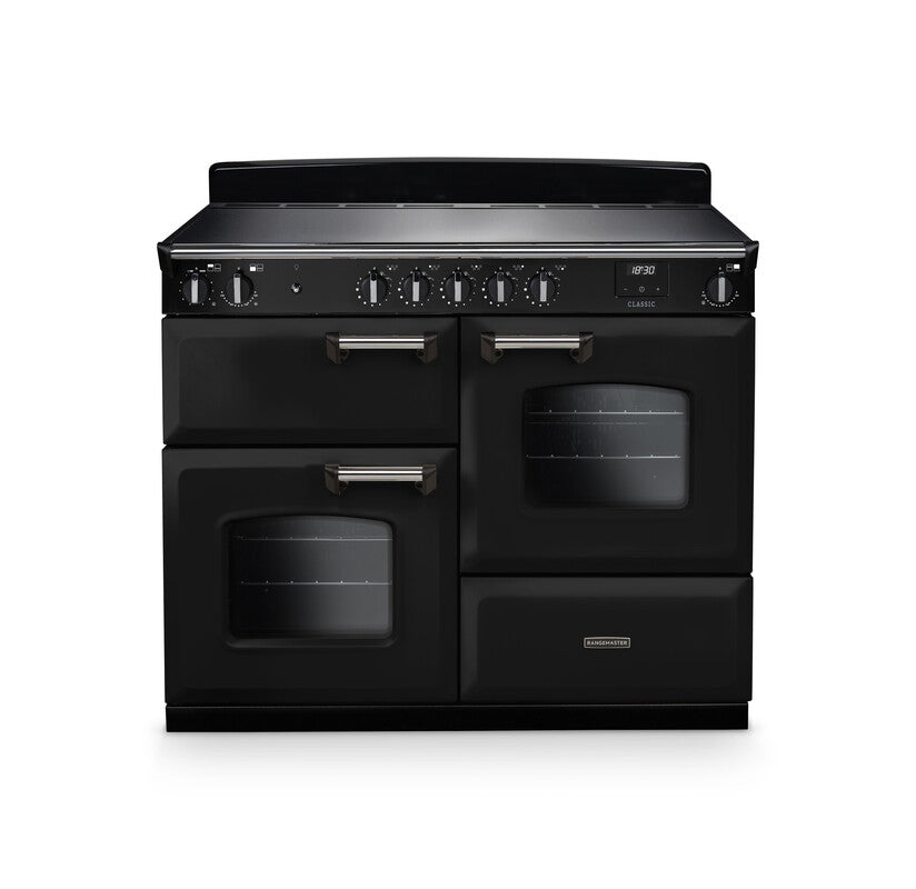Rangemaster Classic 110cm Induction Gloss Black with Chrome trim Range Cooker front view