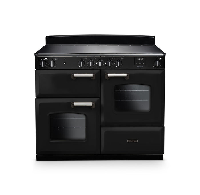 Rangemaster Classic 110cm Induction Gloss Black with Chrome trim Range Cooker front view