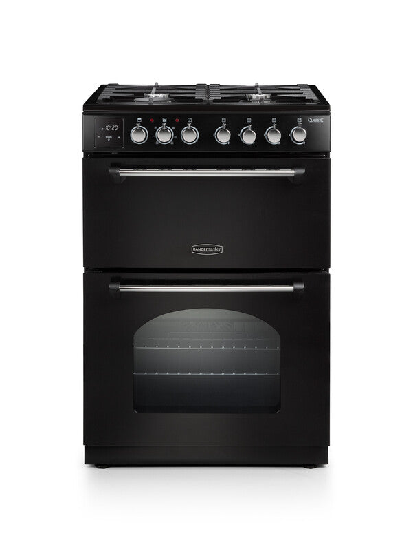 Rangemaster Classic Dual Fuel Black with Chrome trim Cooker front view