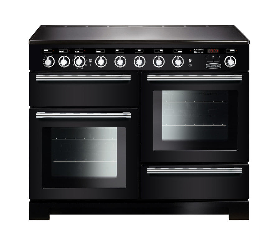 Rangemaster Encore Deluxe 110cm Induction Black with Chrome trim Range Cooker front view