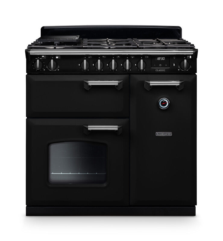 Rangemaster Classic 90cm Dual Fuel Gloss Black with Chrome trim Range Cooker front view