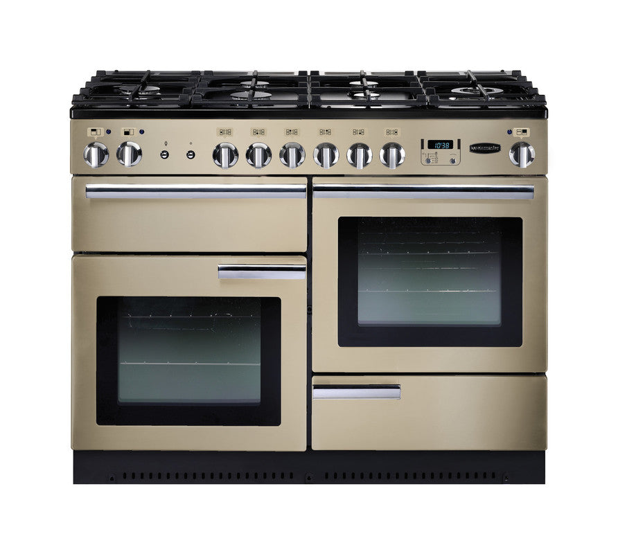 Rangemaster Professional+ 110cm Dual Fuel Cream with Chrome trim Range Cooker front view