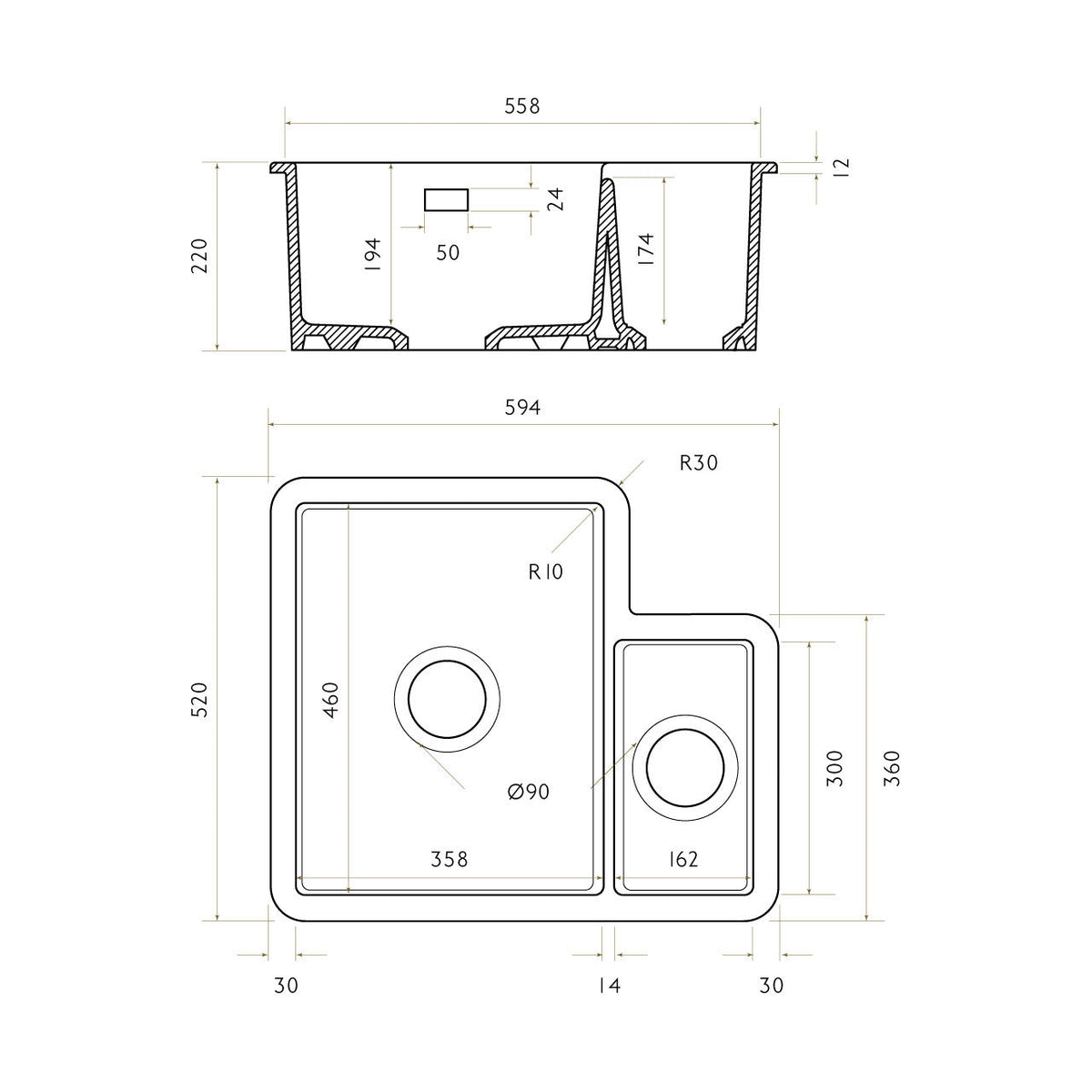 Bidbury & Co Ryeford Ceramic 1.5 Bowl Undermount/Inset Sink