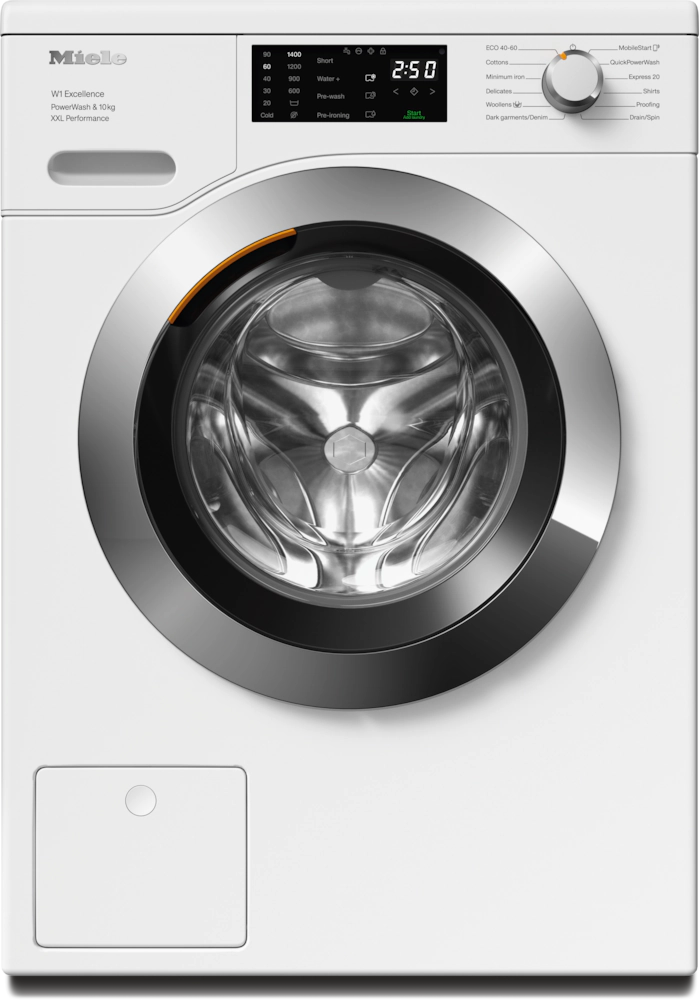Miele WEK365 WCS Freestanding Washing Machine in Lotus White - Chrome Door – front view