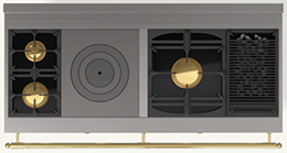  (K6) 2 Gas Burners (small burner at the back), 1 Gas French Top, 1 Maxi Gas Burner, 1 Gas Lava-Rock Grill
